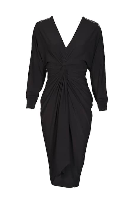 S&N By Shantnu Nikhil_Black Polyester, Faux Leather Embroidery, Patchwork V-neck Twisted Draped Dress_Online_at_Aza_Fashions