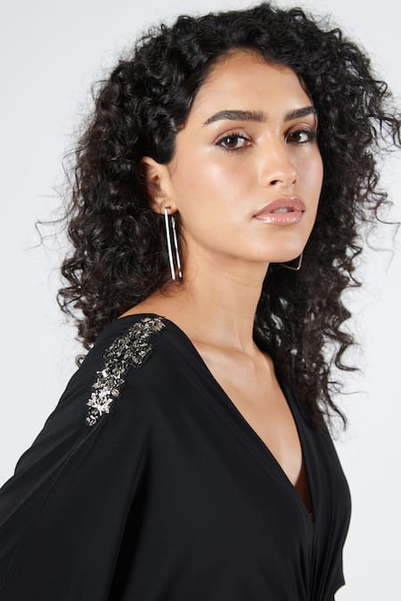 Buy_S&N By Shantnu Nikhil_Black Polyester, Faux Leather Embroidery, Patchwork V-neck Twisted Draped Dress_Online_at_Aza_Fashions
