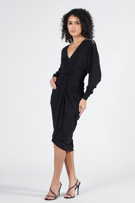 Shop_S&N By Shantnu Nikhil_Black Polyester, Faux Leather Embroidery, Patchwork V-neck Twisted Draped Dress_Online_at_Aza_Fashions