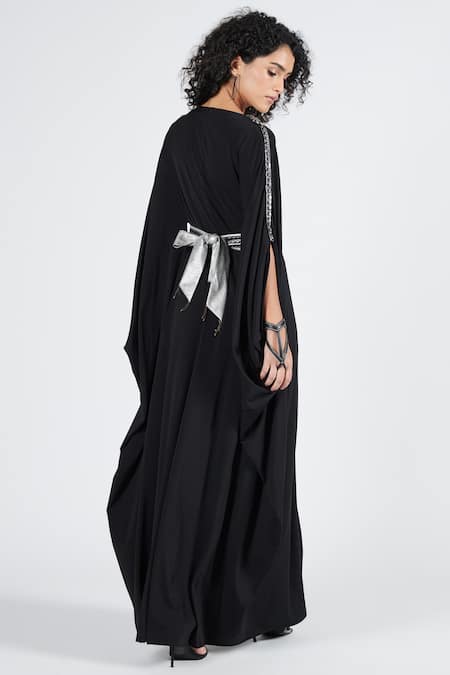 Shop S&N By Shantnu Nikhil Black Polyester, Spandex V-neck Front Slit Dress at Aza Fashions Shop_S&N By Shantnu Nikhil_Black Polyester, Spandex V-neck Front Slit Dress_at_Aza_Fashions