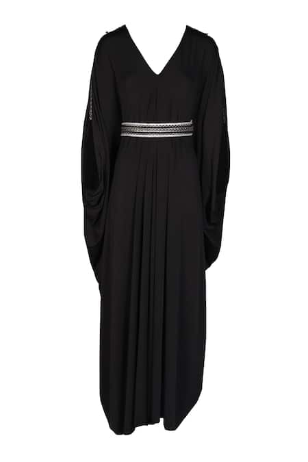 S&N By Shantnu Nikhil_Black Polyester, Spandex V-neck Front Slit Dress_Online_at_Aza_Fashions