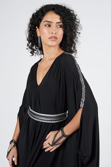 Buy S&N By Shantnu Nikhil Black Polyester, Spandex V-neck Front Slit Dress Online at Aza Fashions Buy_S&N By Shantnu Nikhil_Black Polyester, Spandex V-neck Front Slit Dress_Online_at_Aza_Fashions