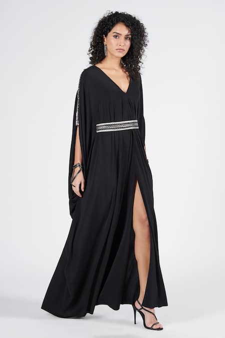 Shop S&N By Shantnu Nikhil Black Polyester, Spandex V-neck Front Slit Dress Online at Aza Fashions Shop_S&N By Shantnu Nikhil_Black Polyester, Spandex V-neck Front Slit Dress_Online_at_Aza_Fashions