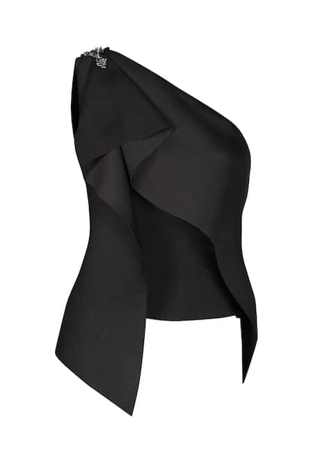 S&N By Shantnu Nikhil_Black Neoprene, Polyester, Spandex Embroidery Asymmetrical Structured Draped Top_Online_at_Aza_Fashions