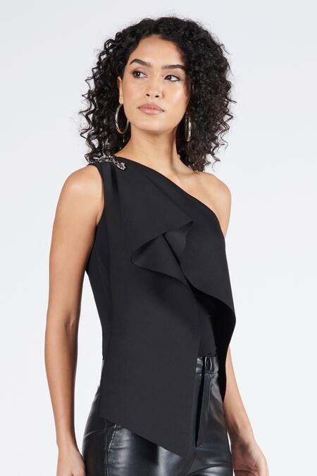 Buy S&N By Shantnu Nikhil Black Neoprene, Polyester, Spandex Embroidery Asymmetrical Structured Draped Top Online at Aza Fashions Buy_S&N By Shantnu Nikhil_Black Neoprene, Polyester, Spandex Embroidery Asymmetrical Structured Draped Top_Online_at_Aza_Fashions