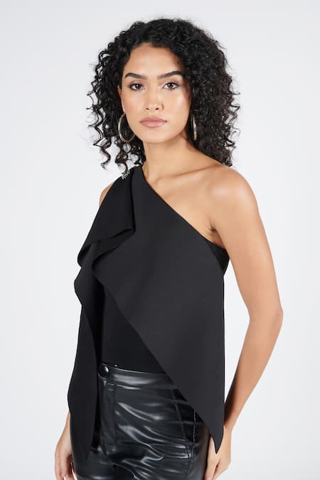 Shop S&N By Shantnu Nikhil Black Neoprene, Polyester, Spandex Embroidery Asymmetrical Structured Draped Top Online at Aza Fashions Shop_S&N By Shantnu Nikhil_Black Neoprene, Polyester, Spandex Embroidery Asymmetrical Structured Draped Top_Online_at_Aza_Fashions
