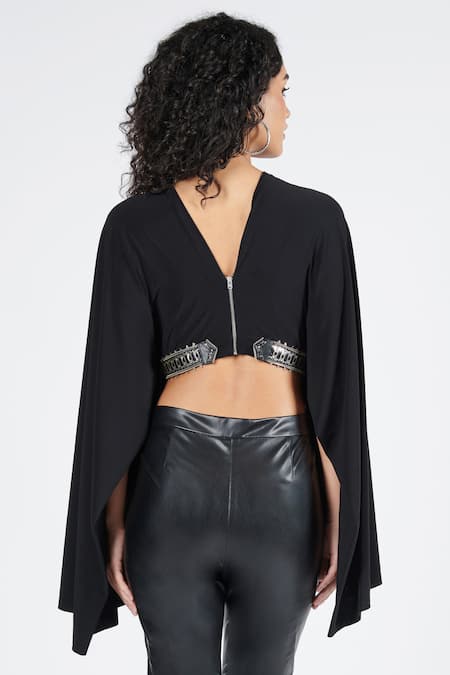 Shop S&N By Shantnu Nikhil Black Polyester, Spandex V-neck Exaggerated Draped Sleeve Crop Top at Aza Fashions Shop_S&N By Shantnu Nikhil_Black Polyester, Spandex V-neck Exaggerated Draped Sleeve Crop Top_at_Aza_Fashions