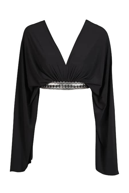 S&N By Shantnu Nikhil_Black Polyester, Spandex V-neck Exaggerated Draped Sleeve Crop Top_Online_at_Aza_Fashions