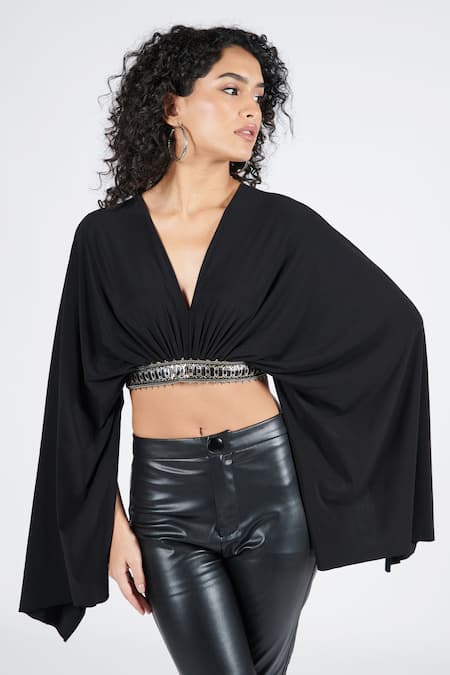 Buy S&N By Shantnu Nikhil Black Polyester, Spandex V-neck Exaggerated Draped Sleeve Crop Top Online at Aza Fashions Buy_S&N By Shantnu Nikhil_Black Polyester, Spandex V-neck Exaggerated Draped Sleeve Crop Top_Online_at_Aza_Fashions