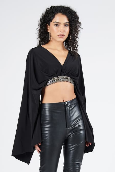 Shop S&N By Shantnu Nikhil Black Polyester, Spandex V-neck Exaggerated Draped Sleeve Crop Top Online at Aza Fashions Shop_S&N By Shantnu Nikhil_Black Polyester, Spandex V-neck Exaggerated Draped Sleeve Crop Top_Online_at_Aza_Fashions
