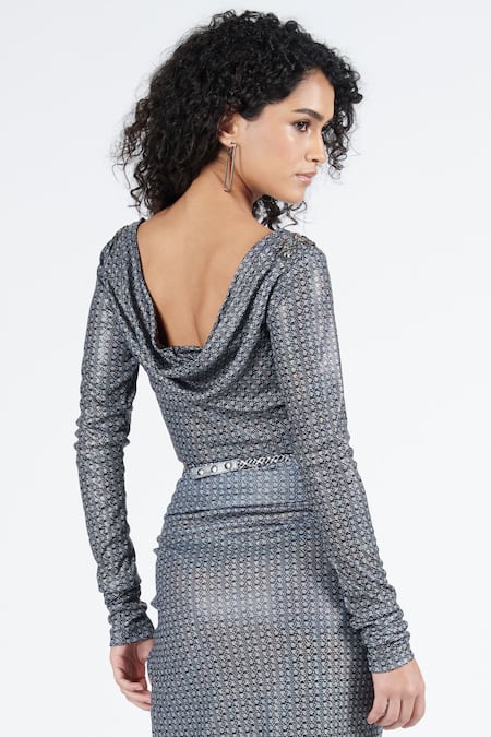Shop S&N By Shantnu Nikhil Grey Lurex Patchwork Boat Neck Twisted Draped Crop Top at Aza Fashions Shop_S&N By Shantnu Nikhil_Grey Lurex Patchwork Boat Neck Twisted Draped Crop Top_at_Aza_Fashions