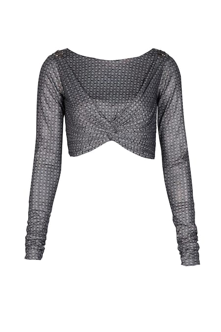 S&N By Shantnu Nikhil_Grey Lurex Patchwork Boat Neck Twisted Draped Crop Top_Online_at_Aza_Fashions