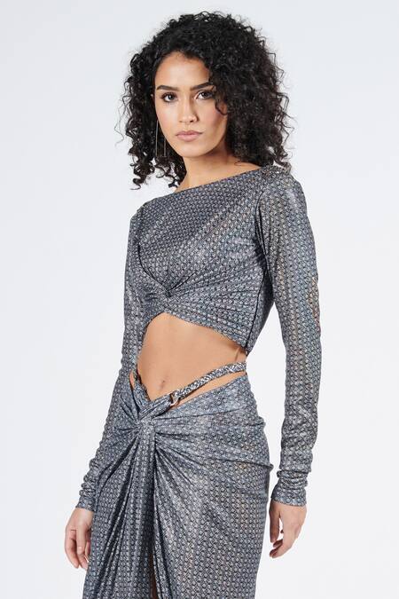 Buy S&N By Shantnu Nikhil Grey Lurex Patchwork Boat Neck Twisted Draped Crop Top Online at Aza Fashions Buy_S&N By Shantnu Nikhil_Grey Lurex Patchwork Boat Neck Twisted Draped Crop Top_Online_at_Aza_Fashions