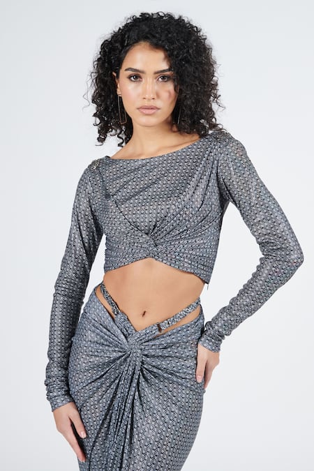 Shop S&N By Shantnu Nikhil Grey Lurex Patchwork Boat Neck Twisted Draped Crop Top Online at Aza Fashions Shop_S&N By Shantnu Nikhil_Grey Lurex Patchwork Boat Neck Twisted Draped Crop Top_Online_at_Aza_Fashions