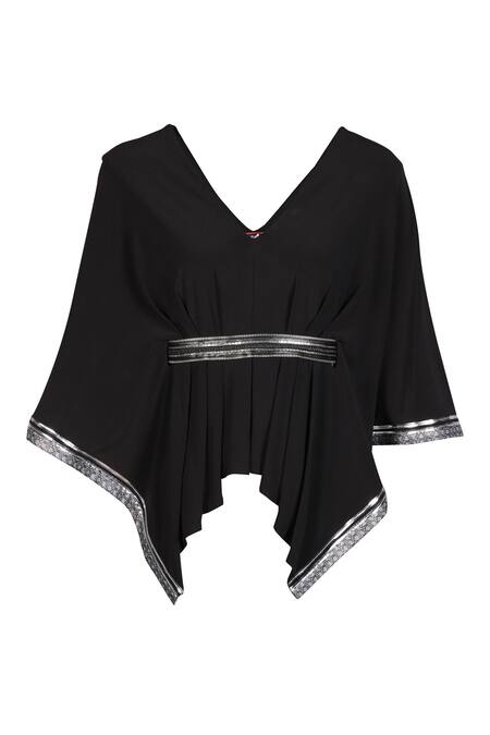 S&N By Shantnu Nikhil_Black Spandex, Polyester, Faux Leather V-neck Asymmetric Cape Top_Online_at_Aza_Fashions