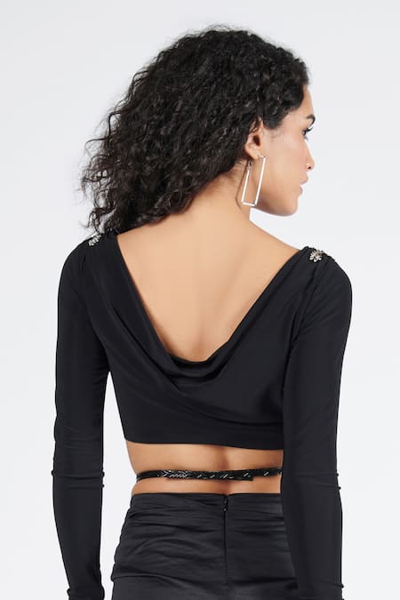 Shop S&N By Shantnu Nikhil Black Polyester, Spandex Embroidery Square Neck Patchwork Crop Top at Aza Fashions Shop_S&N By Shantnu Nikhil_Black Polyester, Spandex Embroidery Square Neck Patchwork Crop Top_at_Aza_Fashions