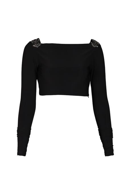 S&N By Shantnu Nikhil_Black Polyester, Spandex Embroidery Square Neck Patchwork Crop Top_Online_at_Aza_Fashions
