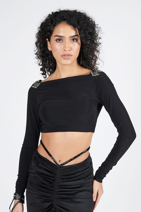 Buy S&N By Shantnu Nikhil Black Polyester, Spandex Embroidery Square Neck Patchwork Crop Top Online at Aza Fashions Buy_S&N By Shantnu Nikhil_Black Polyester, Spandex Embroidery Square Neck Patchwork Crop Top_Online_at_Aza_Fashions