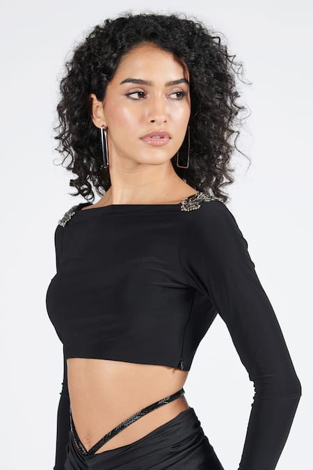 Shop S&N By Shantnu Nikhil Black Polyester, Spandex Embroidery Square Neck Patchwork Crop Top Online at Aza Fashions Shop_S&N By Shantnu Nikhil_Black Polyester, Spandex Embroidery Square Neck Patchwork Crop Top_Online_at_Aza_Fashions