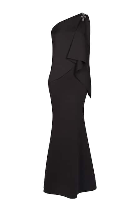 S&N By Shantnu Nikhil_Black Neoprene Metallic Thread One Shoulder Embellished Saree Gown_Online_at_Aza_Fashions