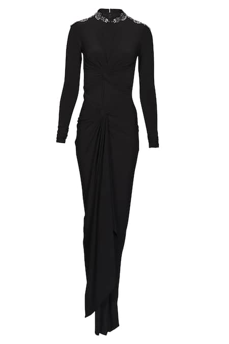 S&N By Shantnu Nikhil_Black Spandex, Polyester Embroidery High Neck Twisted Draped Saree Gown_Online_at_Aza_Fashions