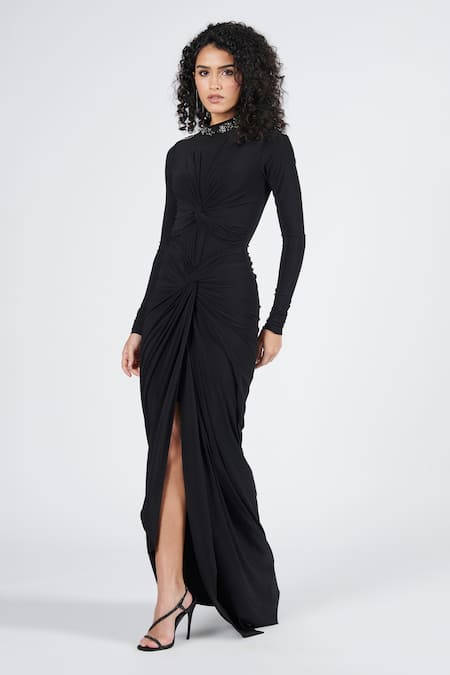 Buy_S&N By Shantnu Nikhil_Black Spandex, Polyester Embroidery High Neck Twisted Draped Saree Gown_Online_at_Aza_Fashions