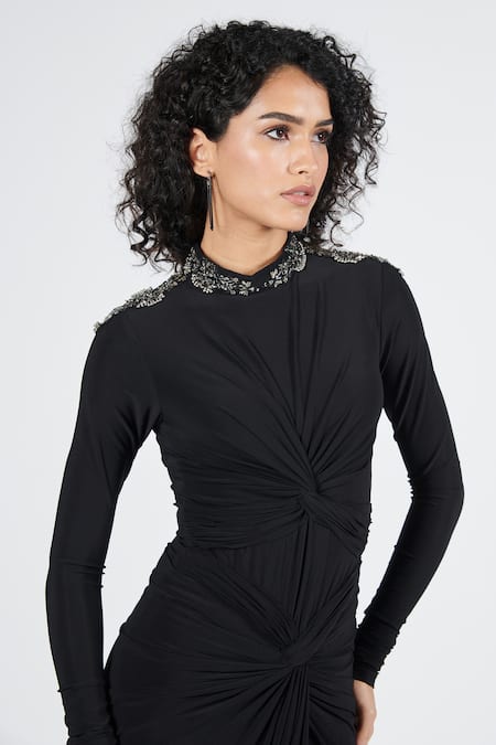 Shop_S&N By Shantnu Nikhil_Black Spandex, Polyester Embroidery High Neck Twisted Draped Saree Gown_Online_at_Aza_Fashions