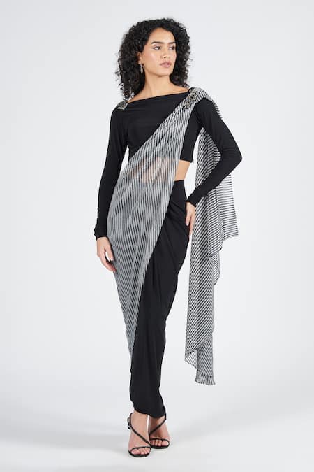 S&N by Shantnu Nikhil Black Poly Jersey Striped Saree Gown 