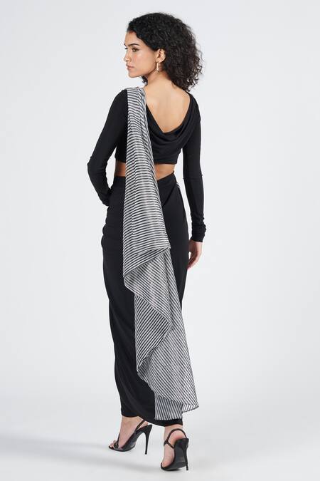 Shop S&N By Shantnu Nikhil Black Spandex, Polyester Boat Neck Striped Saree Gown at Aza Fashions Shop_S&N By Shantnu Nikhil_Black Spandex, Polyester Boat Neck Striped Saree Gown_at_Aza_Fashions