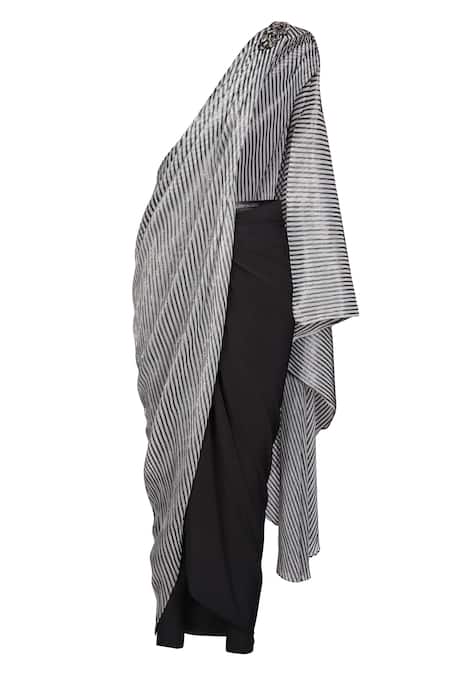 S&N By Shantnu Nikhil_Black Spandex, Polyester Boat Neck Striped Saree Gown_Online_at_Aza_Fashions