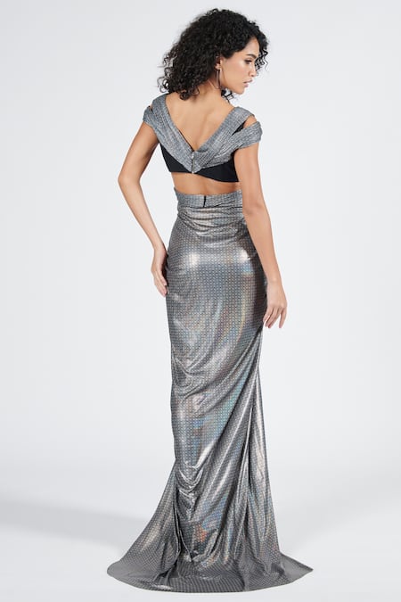 Shop S&N By Shantnu Nikhil Gray Lurex V-neck Silver Printed Draped Saree Gown at Aza Fashions Shop_S&N By Shantnu Nikhil_Gray Lurex V-neck Silver Printed Draped Saree Gown_at_Aza_Fashions