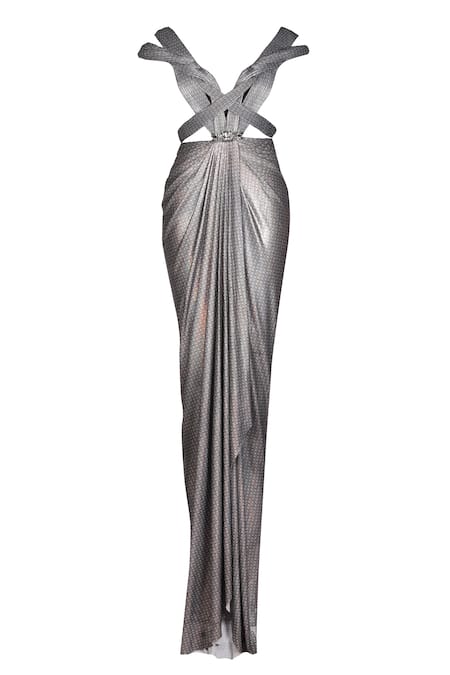 S&N By Shantnu Nikhil_Gray Lurex V-neck Silver Printed Draped Saree Gown_Online_at_Aza_Fashions