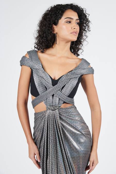 Buy S&N By Shantnu Nikhil Gray Lurex V-neck Silver Printed Draped Saree Gown Online at Aza Fashions Buy_S&N By Shantnu Nikhil_Gray Lurex V-neck Silver Printed Draped Saree Gown_Online_at_Aza_Fashions