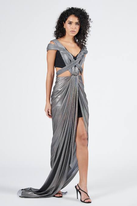 Shop S&N By Shantnu Nikhil Gray Lurex V-neck Silver Printed Draped Saree Gown Online at Aza Fashions Shop_S&N By Shantnu Nikhil_Gray Lurex V-neck Silver Printed Draped Saree Gown_Online_at_Aza_Fashions