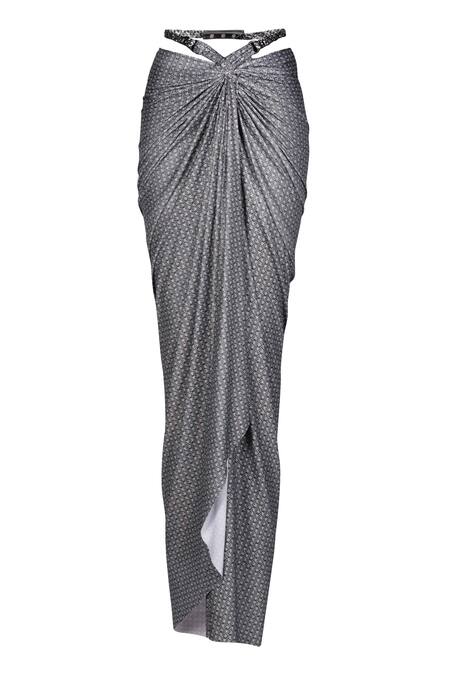 S&N By Shantnu Nikhil_Grey Lurex Printed Draped Skirt_Online_at_Aza_Fashions