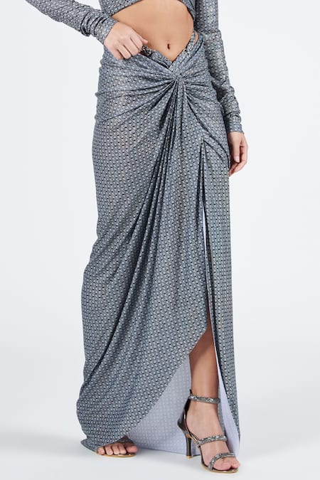 Buy S&N By Shantnu Nikhil Grey Lurex Printed Draped Skirt Online at Aza Fashions Buy_S&N By Shantnu Nikhil_Grey Lurex Printed Draped Skirt_Online_at_Aza_Fashions