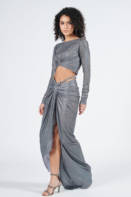 Shop S&N By Shantnu Nikhil Grey Lurex Printed Draped Skirt Online at Aza Fashions Shop_S&N By Shantnu Nikhil_Grey Lurex Printed Draped Skirt_Online_at_Aza_Fashions