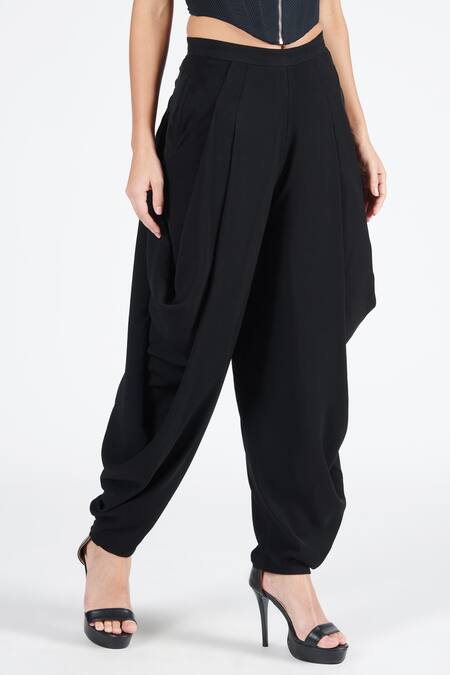 Shop_S&N By Shantnu Nikhil_Black Silk Draped Cowl Pant _at_Aza_Fashions