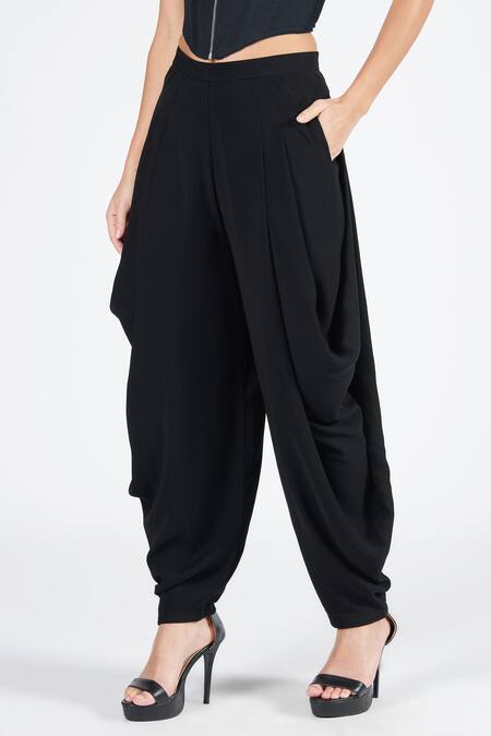 Buy_S&N By Shantnu Nikhil_Black Silk Draped Cowl Pant _Online_at_Aza_Fashions