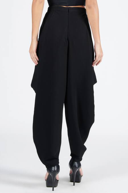 Shop_S&N By Shantnu Nikhil_Black Silk Draped Cowl Pant _Online_at_Aza_Fashions