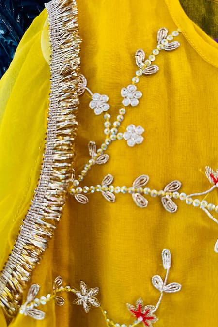 Rage Attire-Sweta Saria Yellow Organza, Taffeta, Chanderi Flower And Peacock Embroidered Kurta With Pant Online at Aza Fashions Rage Attire-Sweta Saria_Yellow Organza, Taffeta, Chanderi Flower And Peacock Embroidered Kurta With Pant _Online_at_Aza_Fashions
