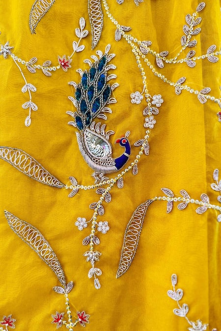 Buy Rage Attire-Sweta Saria Yellow Organza, Taffeta, Chanderi Flower And Peacock Embroidered Kurta With Pant Online at Aza Fashions Buy_Rage Attire-Sweta Saria_Yellow Organza, Taffeta, Chanderi Flower And Peacock Embroidered Kurta With Pant _Online_at_Aza_Fashions