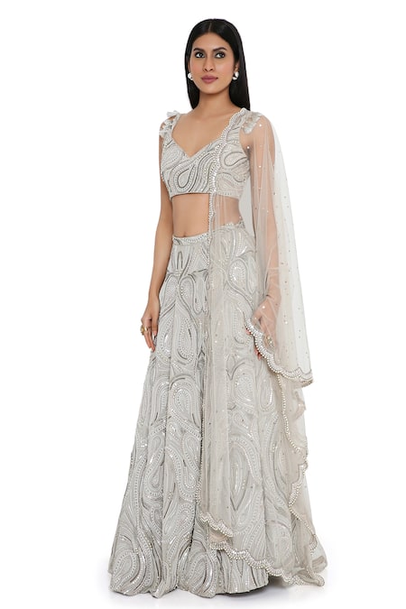 Payal Singhal Grey Georgette Embroidery Sequin V Neck Mukaish Work Bridal Lehenga Set Online at Aza Fashions Payal Singhal_Grey Georgette Embroidery Sequin V Neck Mukaish Work Bridal Lehenga Set _Online_at_Aza_Fashions