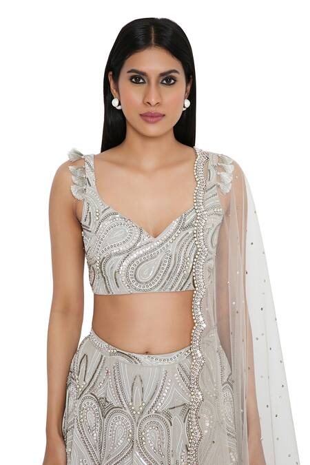 Buy Payal Singhal Grey Georgette Embroidery Sequin V Neck Mukaish Work Bridal Lehenga Set Online at Aza Fashions Buy_Payal Singhal_Grey Georgette Embroidery Sequin V Neck Mukaish Work Bridal Lehenga Set _Online_at_Aza_Fashions