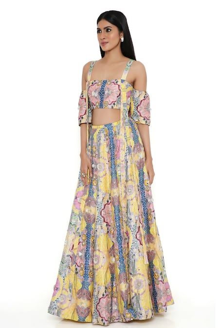 Payal Singhal Yellow Georgette Printed Floral Square Neck Blouse And Lehenga Set Online at Aza Fashions Payal Singhal_Yellow Georgette Printed Floral Square Neck Blouse And Lehenga Set _Online_at_Aza_Fashions
