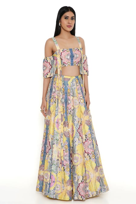 Buy Payal Singhal Yellow Georgette Printed Floral Square Neck Blouse And Lehenga Set Online at Aza Fashions Buy_Payal Singhal_Yellow Georgette Printed Floral Square Neck Blouse And Lehenga Set _Online_at_Aza_Fashions