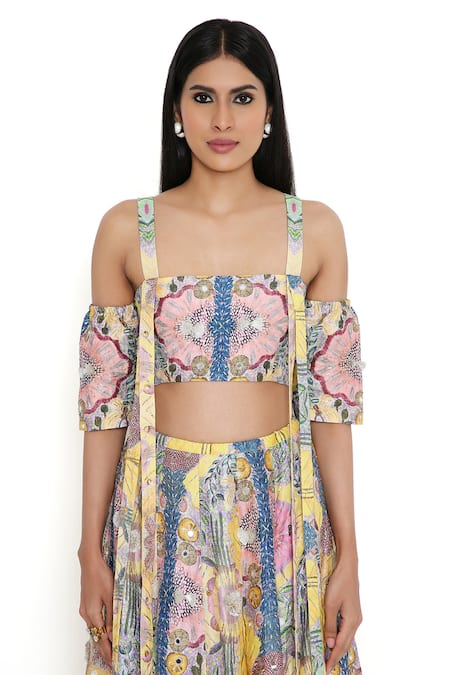 Payal Singhal Yellow Georgette Printed Floral Square Neck Blouse And Lehenga Set at Aza Fashions Payal Singhal_Yellow Georgette Printed Floral Square Neck Blouse And Lehenga Set _at_Aza_Fashions