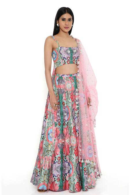Payal Singhal Red Georgette, Silk, Muslin Tassels, Abstract Floral Print Lehenga Set Online at Aza Fashions Payal Singhal_Red Georgette, Silk, Muslin Tassels, Abstract Floral Print Lehenga Set _Online_at_Aza_Fashions