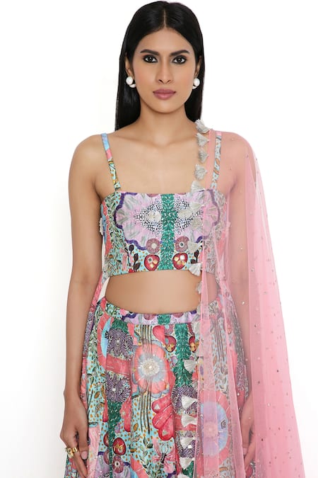 Shop Payal Singhal Red Georgette, Silk, Muslin Tassels, Abstract Floral Print Lehenga Set Online at Aza Fashions Shop_Payal Singhal_Red Georgette, Silk, Muslin Tassels, Abstract Floral Print Lehenga Set _Online_at_Aza_Fashions