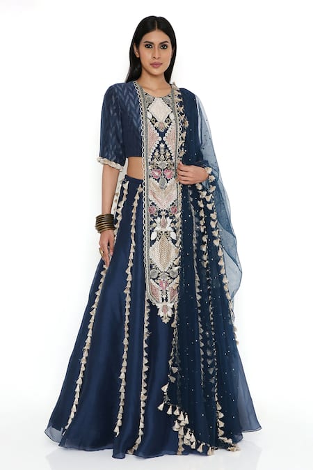 Payal Singhal Blue Banarasi Silk Embellished Tassel Round Lehenga Set 